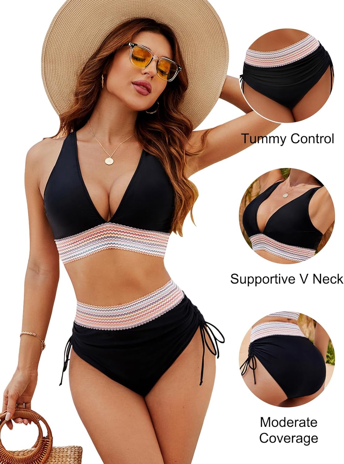 🩱Summer Sale 49% OFF👙High Waisted Tummy Control Color Block Bikini Sets-3