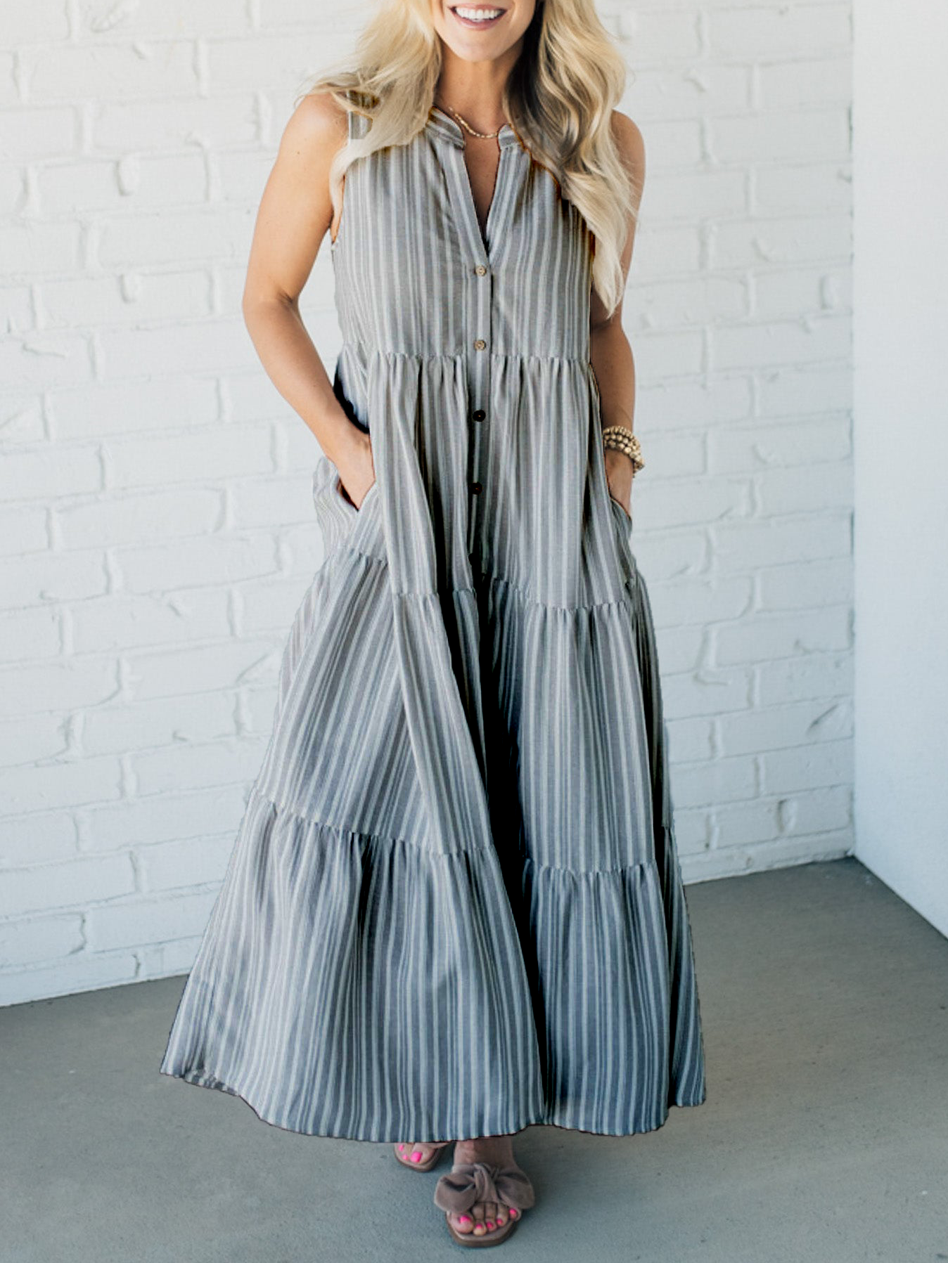 🔥LAST DAY SALE 49% OFF💃V Neck Striped Button Front Tiered Dress-6