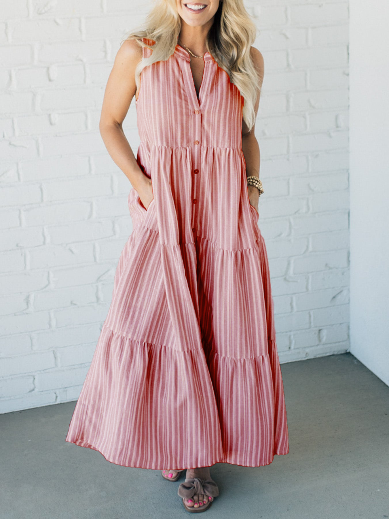 🔥LAST DAY SALE 49% OFF💃V Neck Striped Button Front Tiered Dress-12