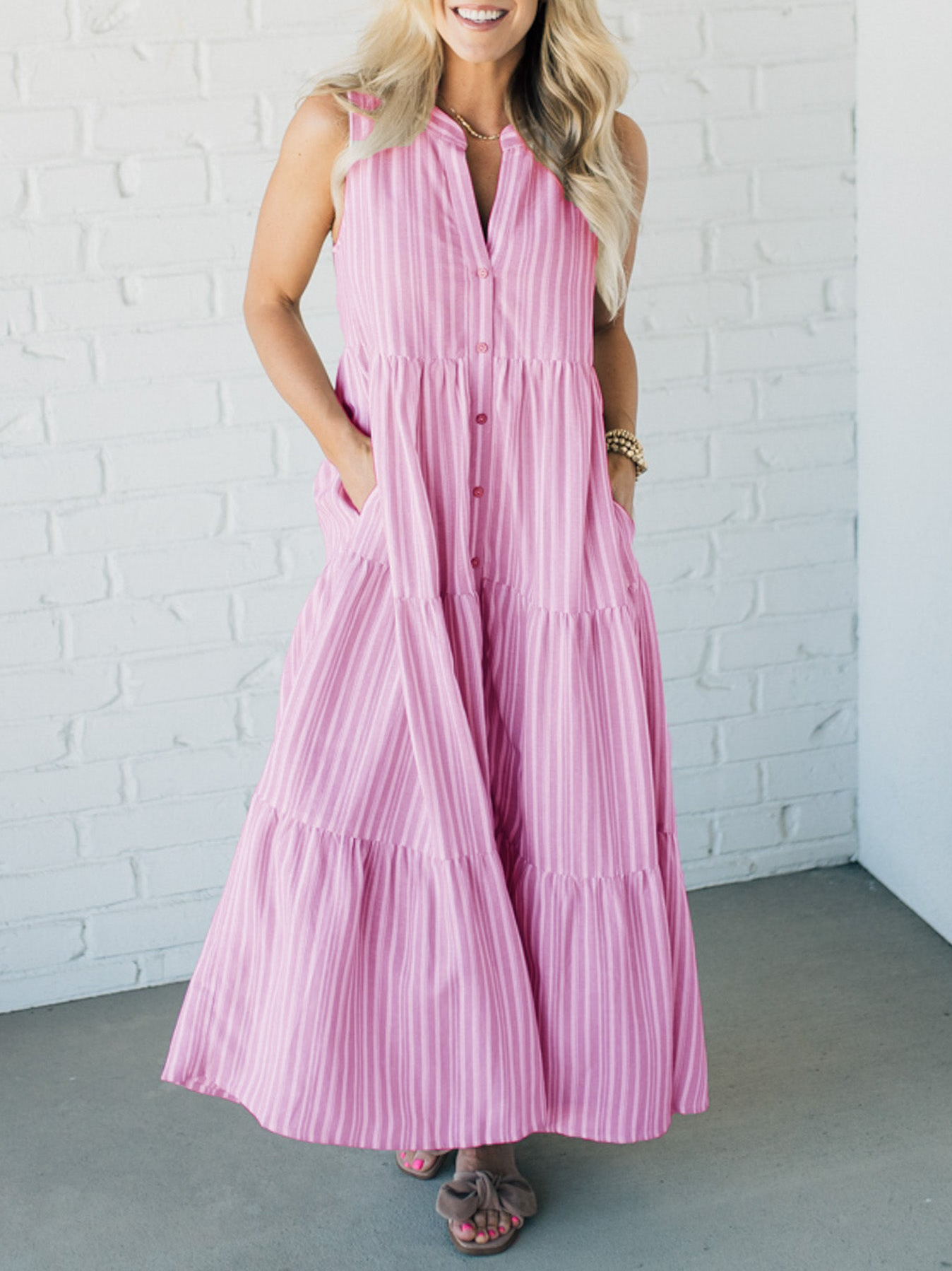 🔥LAST DAY SALE 49% OFF💃V Neck Striped Button Front Tiered Dress-11