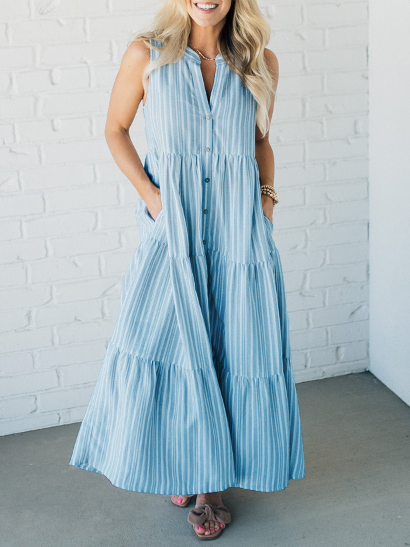 🔥LAST DAY SALE 49% OFF💃V Neck Striped Button Front Tiered Dress-9