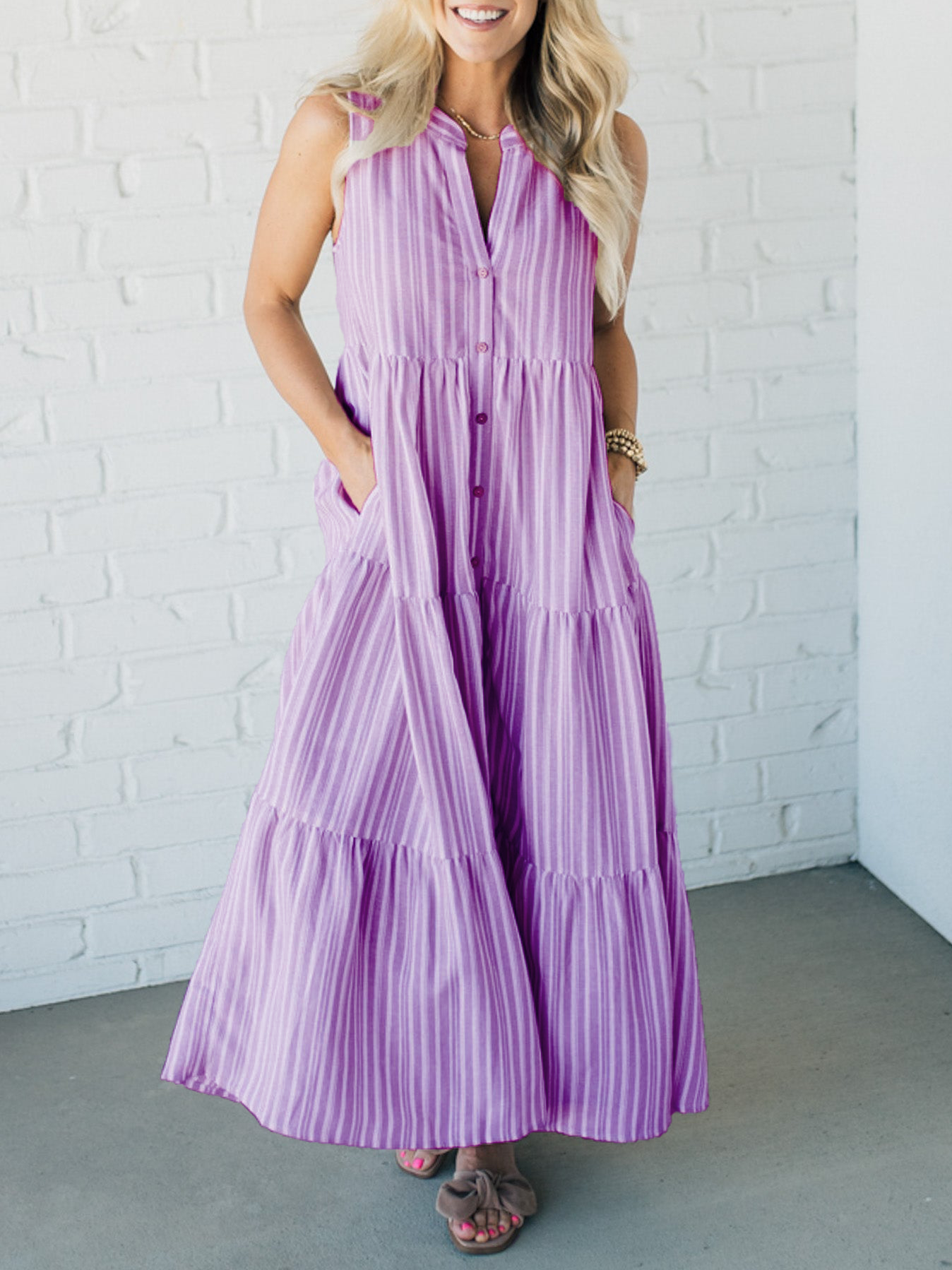 🔥LAST DAY SALE 49% OFF💃V Neck Striped Button Front Tiered Dress-13