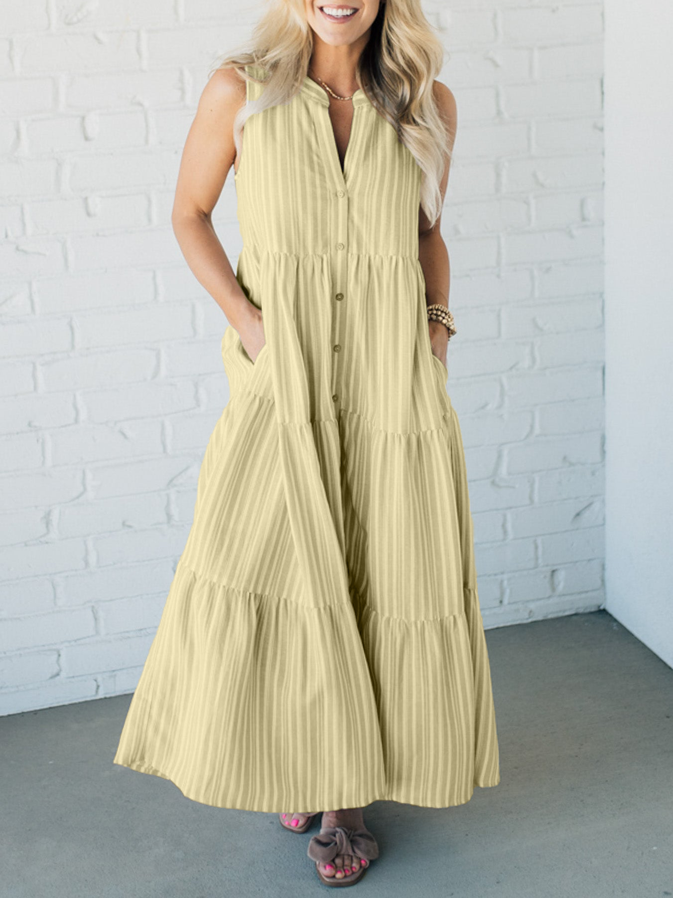 🔥LAST DAY SALE 49% OFF💃V Neck Striped Button Front Tiered Dress-14