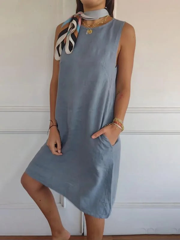 🎁LAST DAY 49% OFF🔥Women's Cotton and Linen Round Neck Solid Color Sleeveless Dress-1