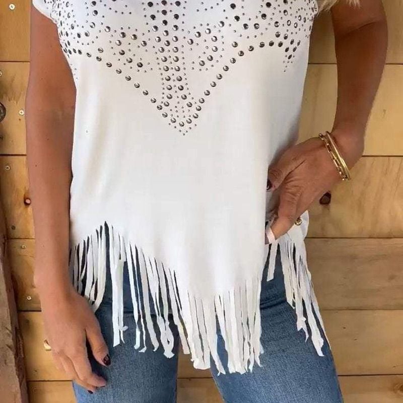 🔥HOT SALE 49% OFF🔥Women's solid colour short sleeve T-shirt with hot print and frayed hem-5