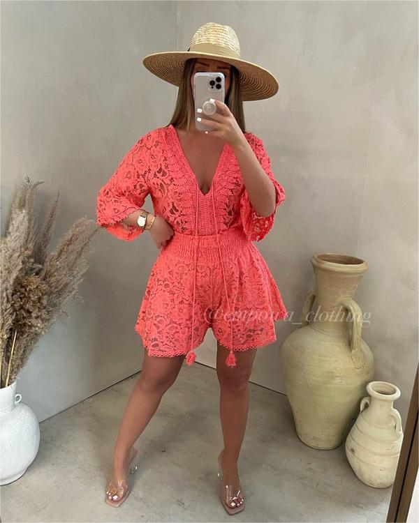 🔥LAST DAY SALE 49% OFF💃Casual Short V-Neck Lace Suit-9