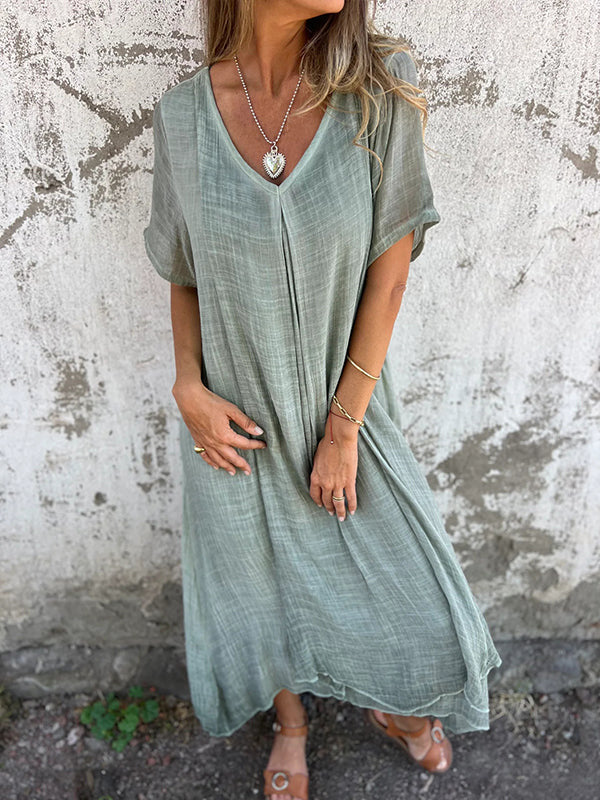 🔥LAST DAY SALE 49% OFF🔥Women's Loose V-neck cotton linen dress-3