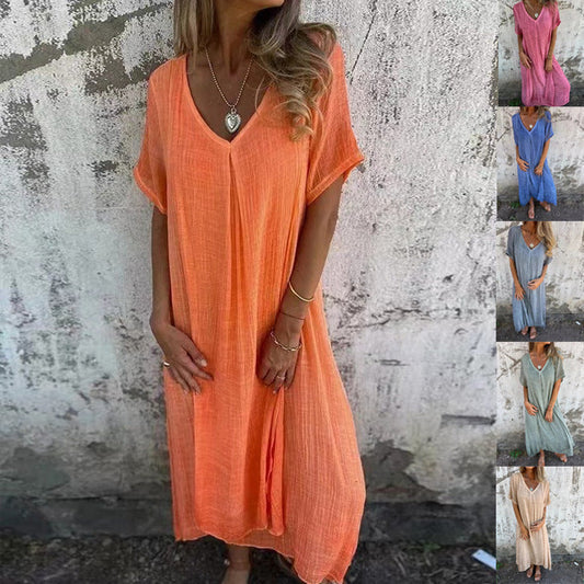 🔥LAST DAY SALE 49% OFF🔥Women's Loose V-neck cotton linen dress