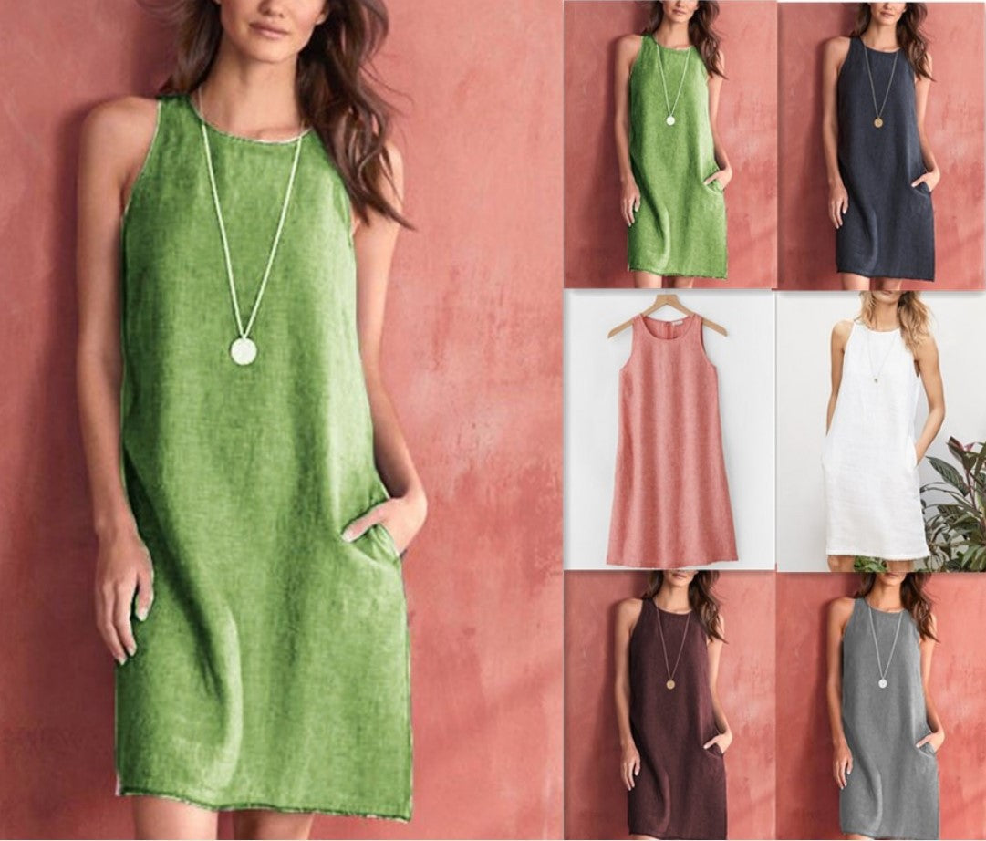 🎁LAST DAY 49% OFF🔥Women's Cotton and Linen Round Neck Solid Color Sleeveless Dress-3