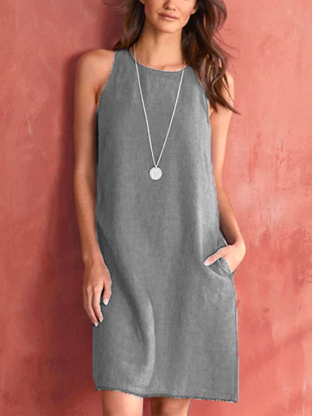 🎁LAST DAY 49% OFF🔥Women's Cotton and Linen Round Neck Solid Color Sleeveless Dress-6