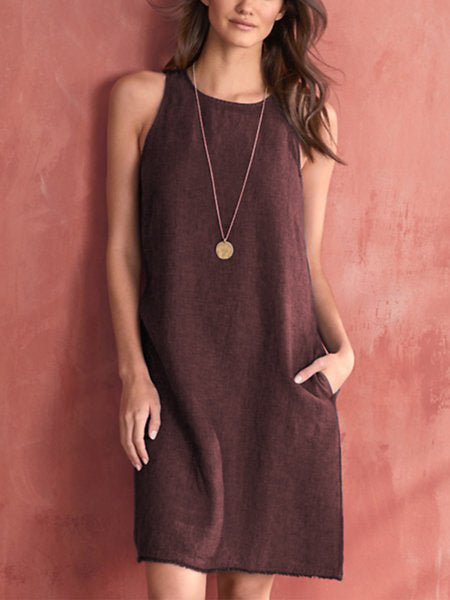 🎁LAST DAY 49% OFF🔥Women's Cotton and Linen Round Neck Solid Color Sleeveless Dress-8