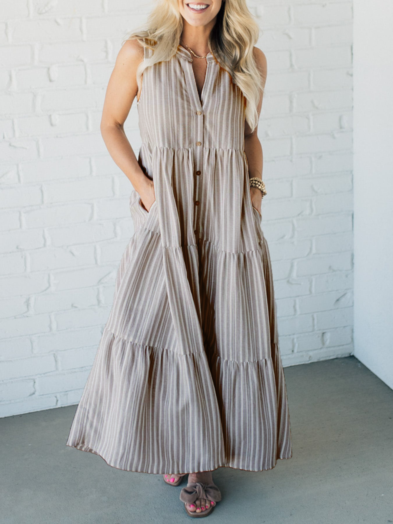 🔥LAST DAY SALE 49% OFF💃V Neck Striped Button Front Tiered Dress-7