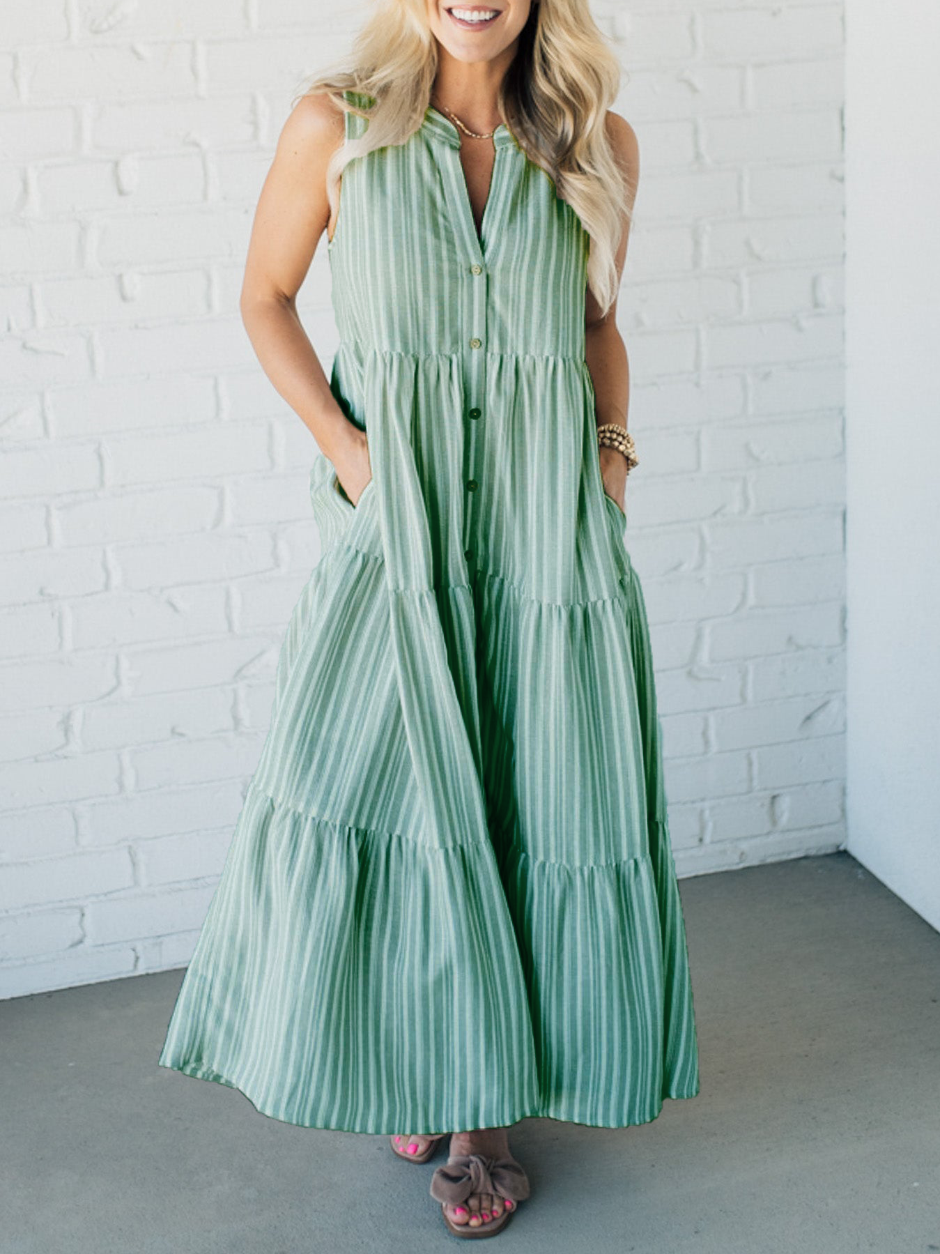 🔥LAST DAY SALE 49% OFF💃V Neck Striped Button Front Tiered Dress-10