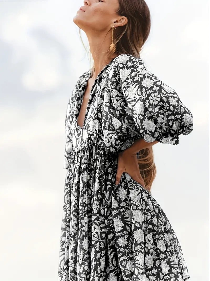 🔥HOT SALE-49% OFF🔥V Neck Summer Half Sleeve Floral Tunic Short Dress-16