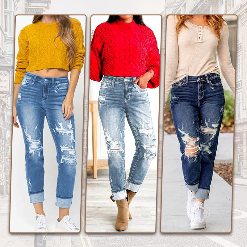 🔥Hot Sale 49% Off🔥Women's Tummy Control Distressed Cuffed Boyfriend Jeans-2