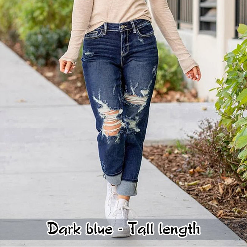 🔥Hot Sale 49% Off🔥Women's Tummy Control Distressed Cuffed Boyfriend Jeans-11