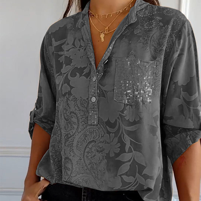 🔥HOT SALE 49% OFF🔥Women's Casual Lapel Printed Top with Adjustable Sleeves-3