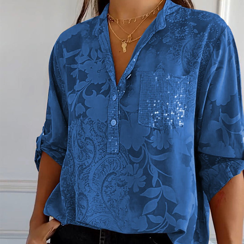 🔥HOT SALE 49% OFF🔥Women's Casual Lapel Printed Top with Adjustable Sleeves-5