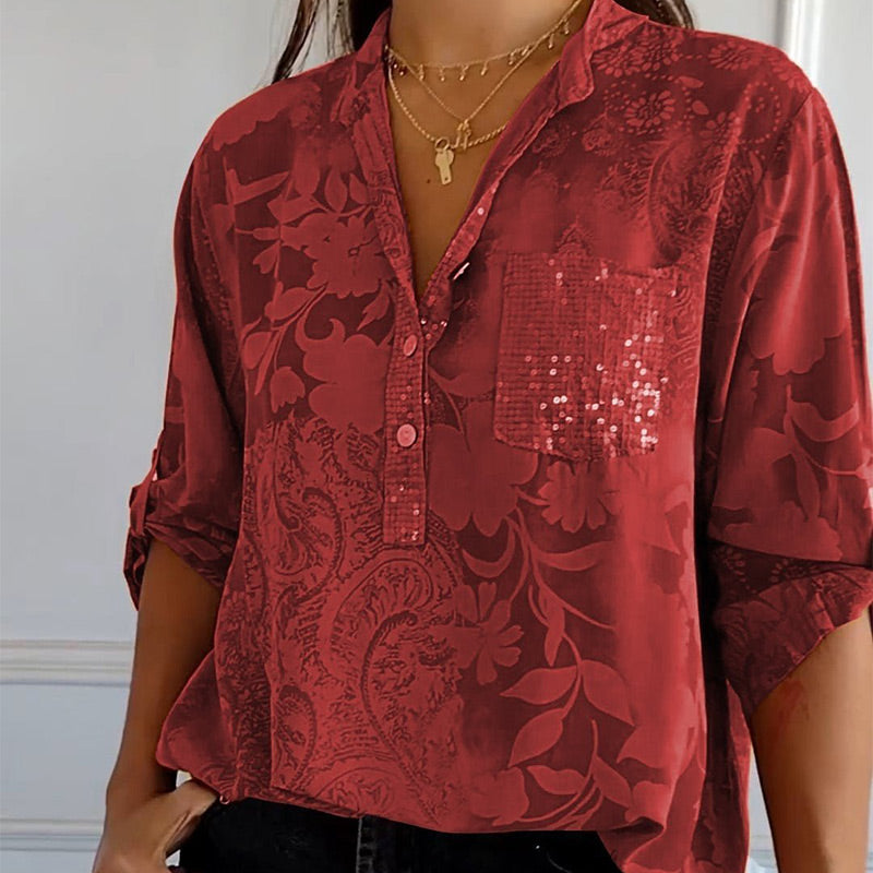 🔥HOT SALE 49% OFF🔥Women's Casual Lapel Printed Top with Adjustable Sleeves-7