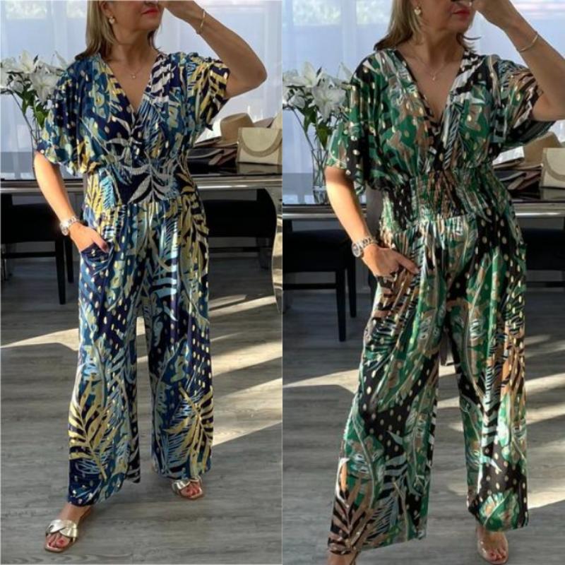 🔥Hot Sale 49% Off🍃Women's Summer Fashion Leaf Print Plus Size Bodysuit with Elastic Waist-5